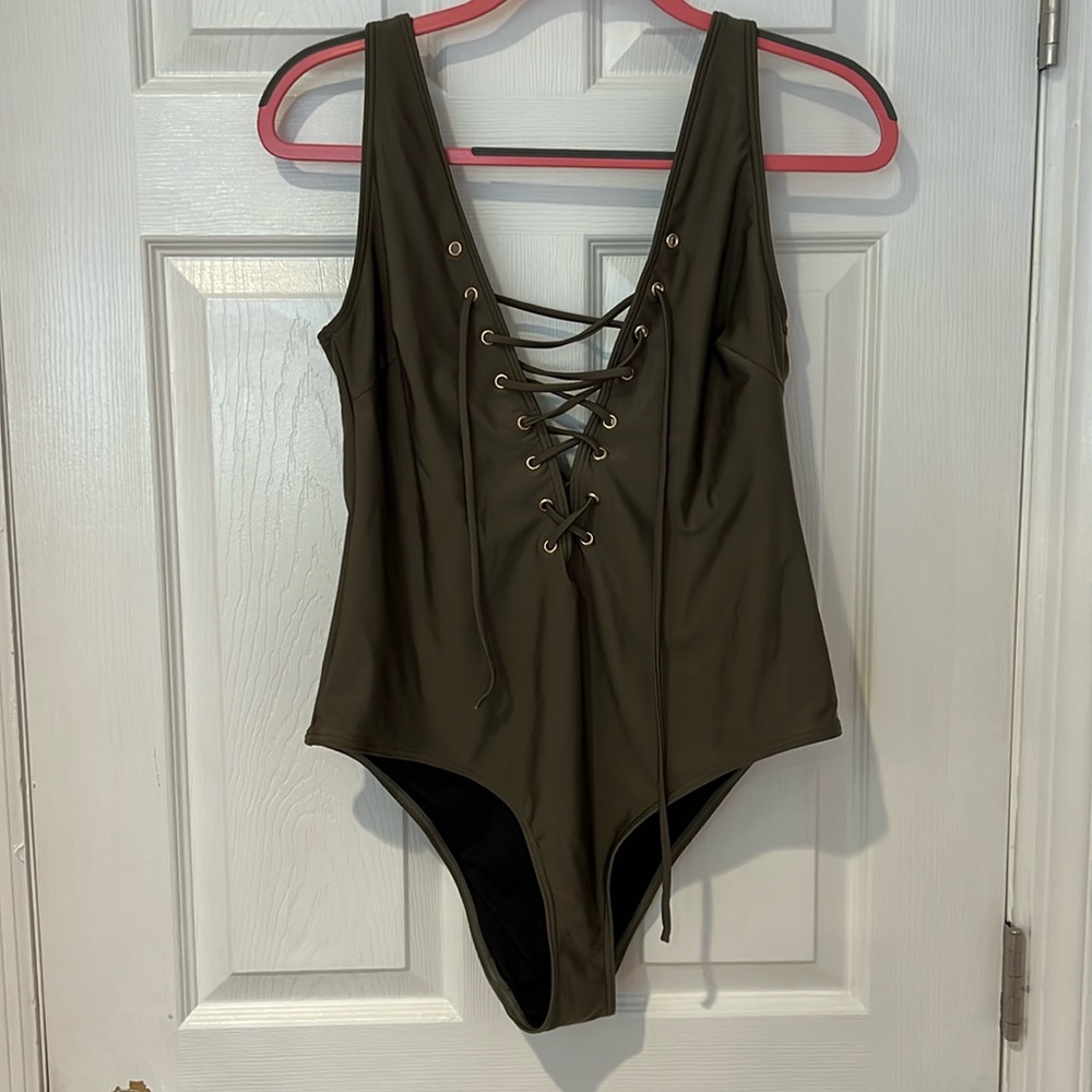 Wolf & Whistle Swimwear Green Plunging Lace Up One Piece